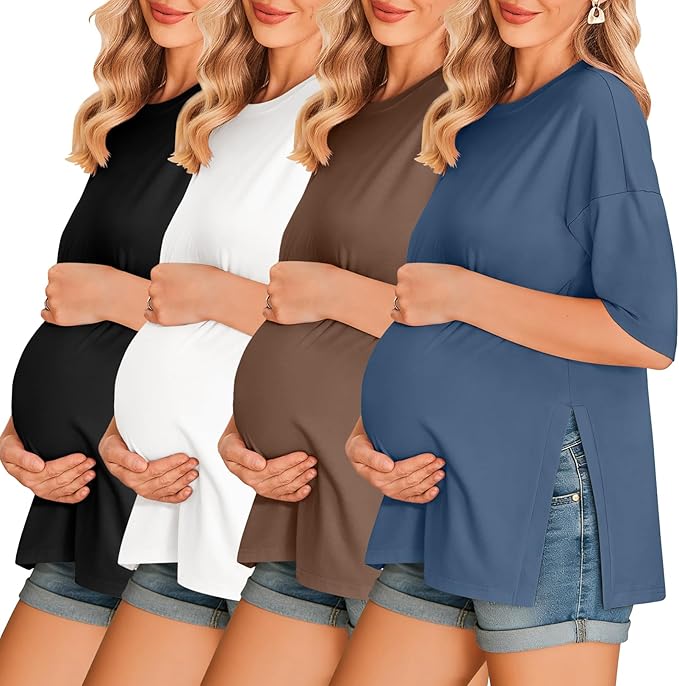 Ekouaer 4 Packs Women’s Maternity Shirts Short Sleeve Split Side Pregnancy Tee Tops Tunic Blouse Mama Clothes