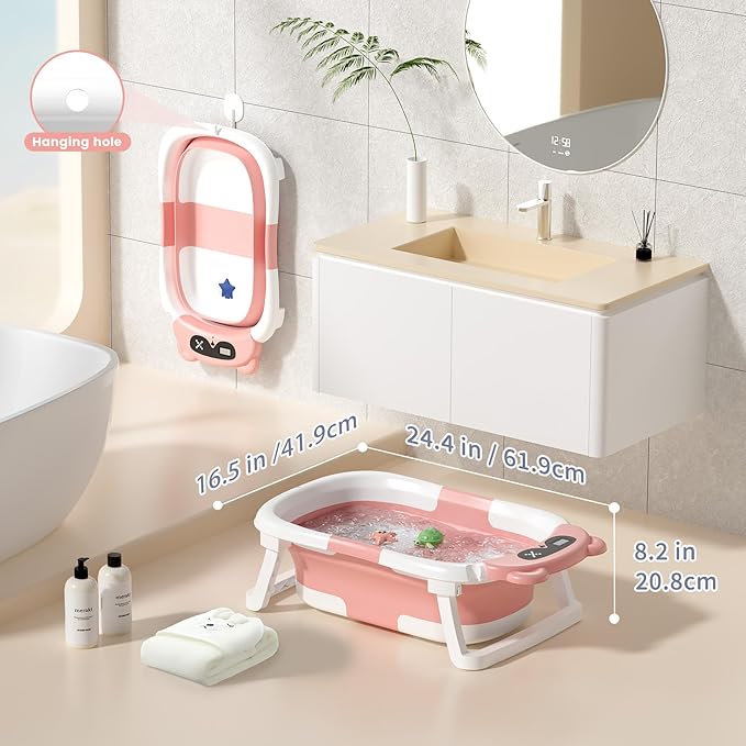 Collapsible Baby Bathtub for Newborn to Toddler (0-18 Months) - Foldable Baby Bath Tub with Soft Towel, Newborn& Infant Bathtub for Travel and Outdoor, Pink