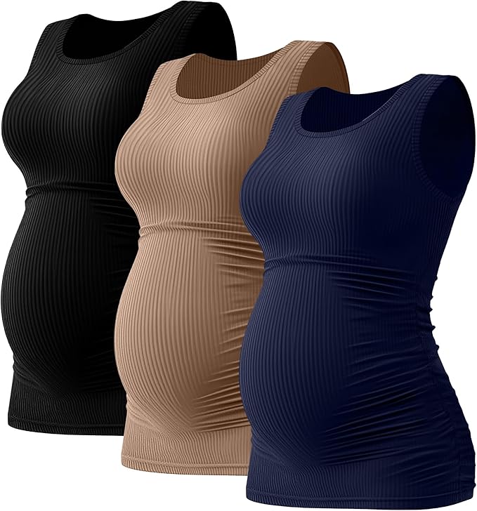 Riyiper 3 Pack Women's Maternity Tank Tops, Sleeveless Cotton Pregnancy Shirts Ribbed Knit Sides Ruched Basic Mama Clothes