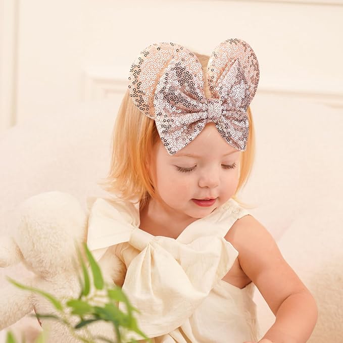 choicbaby 3 PCS Mouse Ears Sequin Bow Nylon Hairband with Polka Dot Cute Baby Headbands Soft Hairbands Hair Accessories for Newborn Infant Toddler Party Supplies