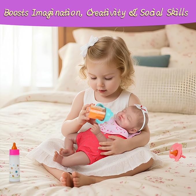 6-Piece Baby Doll Feeding Set – Magic Bottles & Pacifiers for 10–24 Inch Dolls, Disappearing Milk & Juice Bottles, Pretend Play Accessories for Kids