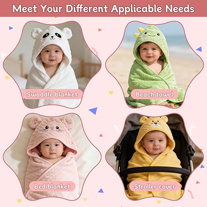 14 PCS Baby Bath Towels Set for Girls, 4 PCS Animal Hooded Towels & 10 PCS Washcloths, Ultra Soft & Absorbent Newborn Infant Toddler Towels in Pink Green Yellow White