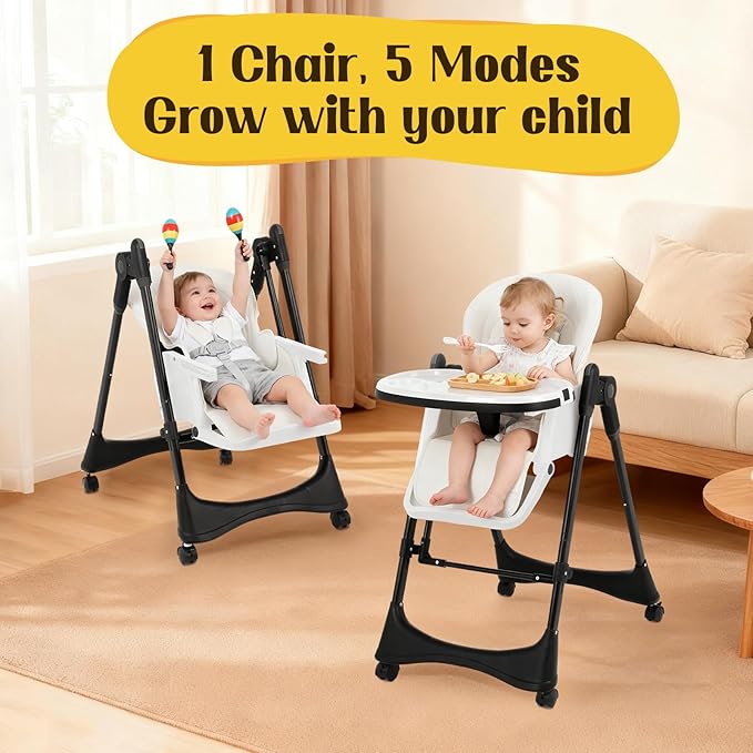 6-in-1 Convertible High Chair with Rocker | Baby High Chair for Newborn to Toddler (0-3 Years) | Adjustable, Foldable & Easy-Clean with Dishwasher Safe Tray & Tool-Free Assembly, Black White