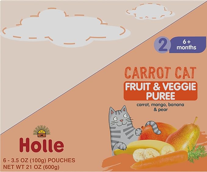 Holle Organic Baby Food Pouches - Carrot Cat Baby Puree with Carrot, Mango, Banana & Pear - (6 Pack) Organic Baby Snacks + Fruit and Veggie Pouches for Weaning Babies 6 Months and Older