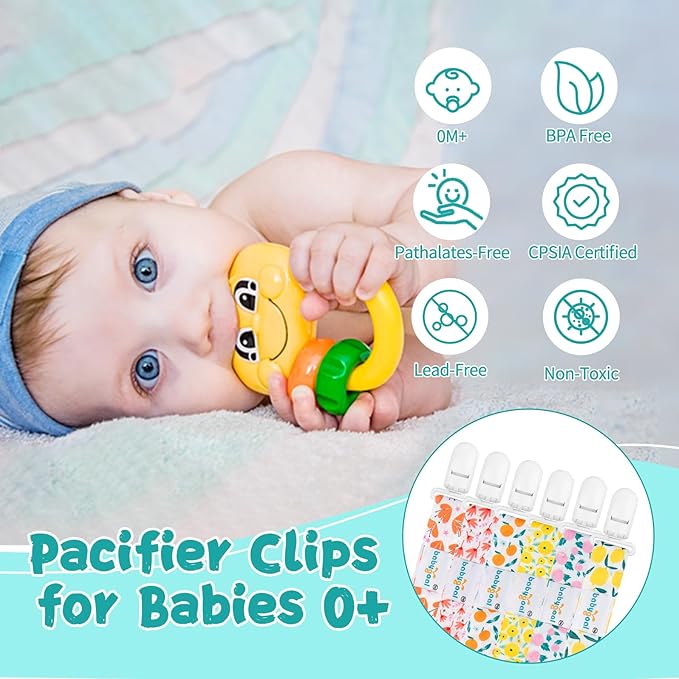 babygoal Floral Pacifier Clips, 6 Pack Binky Paci Holder Clips Leashes Fits for Most Pacifiers and Binkies 6PS14