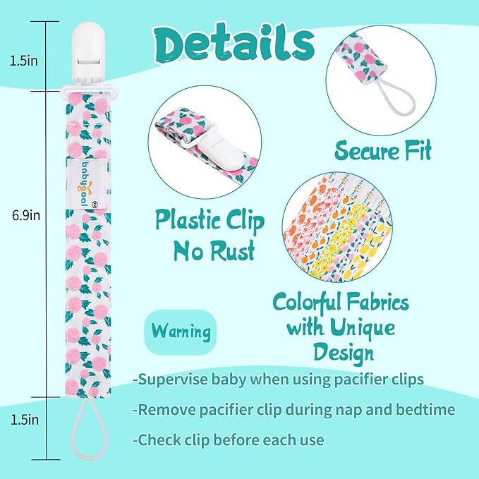 babygoal Floral Pacifier Clips, 6 Pack Binky Paci Holder Clips Leashes Fits for Most Pacifiers and Binkies 6PS14