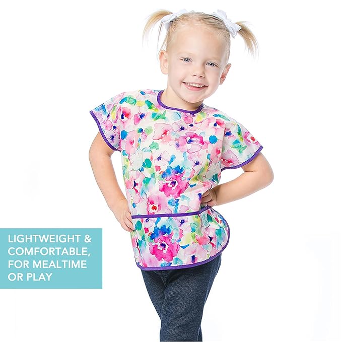 Bumkins Short Sleeve Bib for Girl or Boy, Toddler and Kids for 1-3 Years, Large Size, Essential Must Have for Junior Children, Eating, Mess Saving Soft Fabric Apron for Play, Watercolors Floral