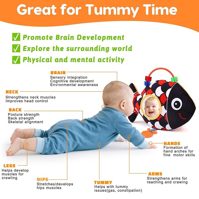 Baby Sensory Tummy Time Toys 0-6 Months Music Fish Toy for Infant 3 4 5 6 Month High Contrast Newborn Toy with Mirror Crinkle Rattle for 3-6 6-12 Month Baby Boy Girl Shower Gift Easter Basket Stuffers
