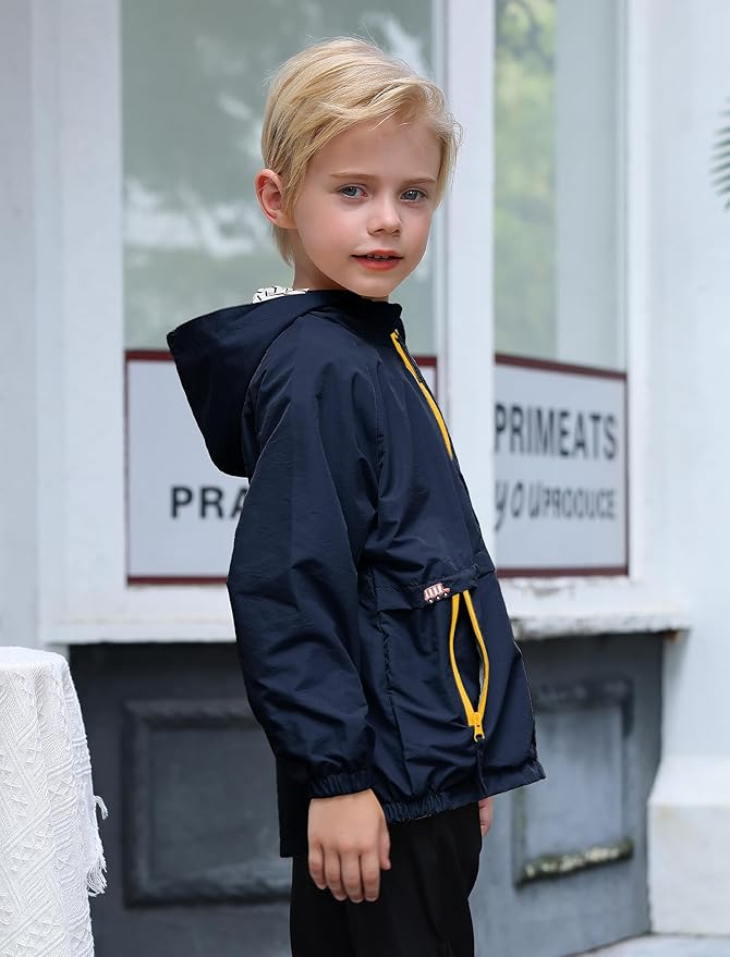 FYMNSI Kids Boys Lightweight Waterproof Hooded Jacket with Pockets Toddler Spring Fall Outfits Zip Up Thin Outwear Coats
