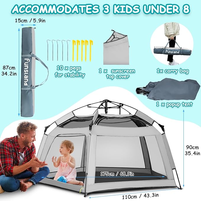 Baby Playpen Pop-up Tent - Outdoor & Indoor Play Tent for Beach with Canopy Travel Bag Portable Play Yard for Babies & Toddlers (Gray)
