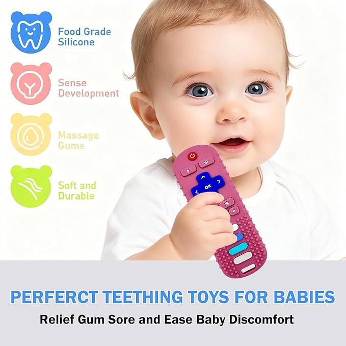 Baby Teething Toys-TV Remote Control Shape Silicone Infants Teething Toys for Babies 0-18 Months,BPA-Free (Pink)