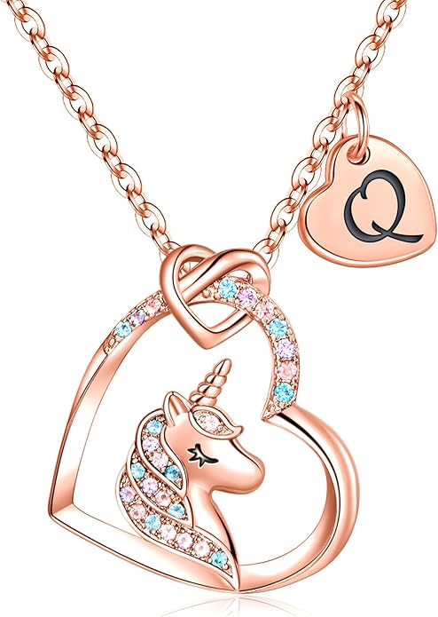 Hidepoo Valentines Gifts for Kids Girls - Unicorn Necklace Gifts for Teen Girls Kid, Colorful CZ Heart Pendant Initial Unicorn Necklaces for Girl Jewelry Birthday Gift for Girl Kid