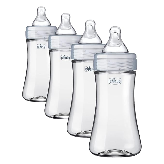 Chicco Duo 9oz. Hybrid Baby Bottle with Invinci-Glass Inside and Plastic Outside | Dishwasher, Bottle Warmer, and Electric Sterilizer Safe | Intui-Latch Nipple | Clear/Grey (Pack of 4)