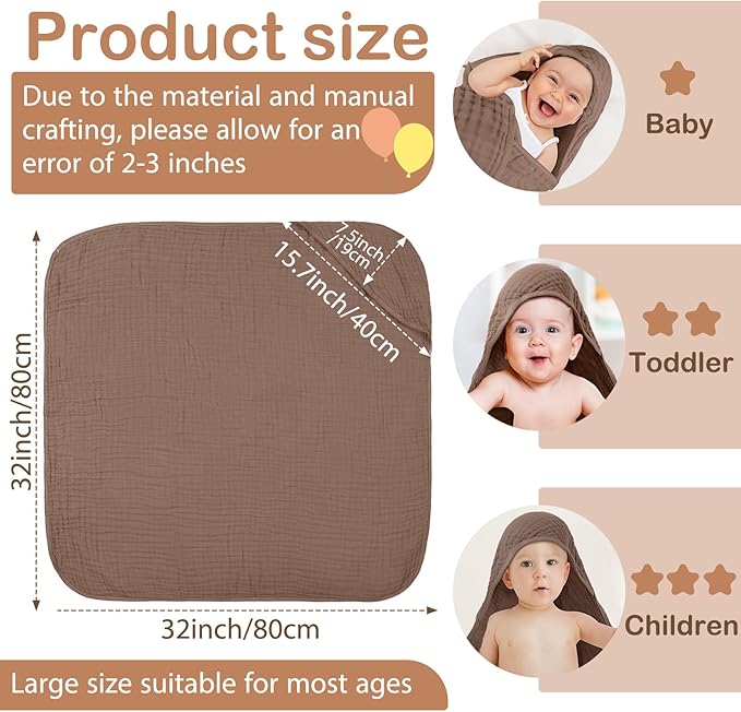 Peryiter 6 Pcs Muslin Hooded Baby Towels 32x32inch Cotton Newborn Bath Essentials Muslin Infant Blankets Absorbent Registry Baby Shower Present for Babies Girl Boy Kids (Gray Series)
