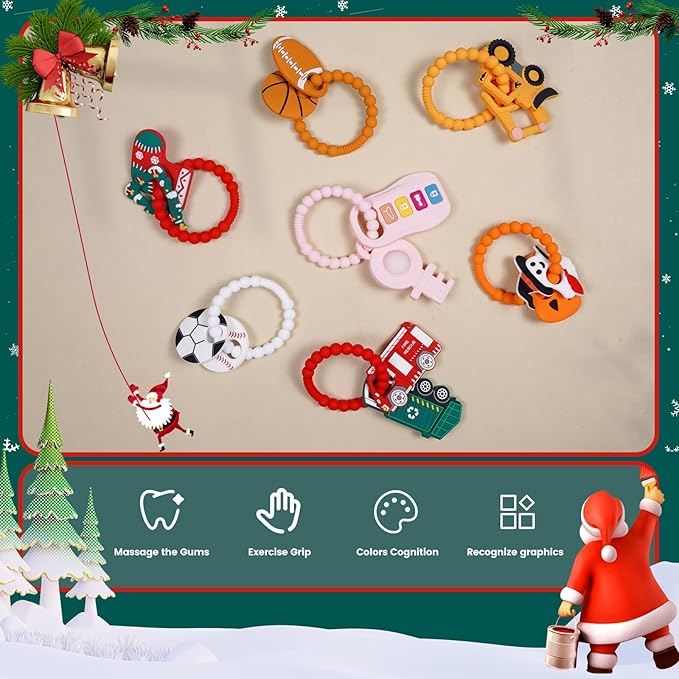 Silicone Baby Ring Toy with Christmas Stocking and Tree Teethers,Must Haves Teething Relief Chew Toys for 0-6,6-12 Months Boys and Girls,Newborns Essentials,Safe and Soft,BPA Free.