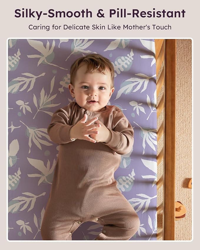 Baby Crib Sheets for Boys Girls, 28x52x8in Fitted Crib Sheet Neutral 3 Pack for Standard Crib and Toddler Mattress, Breathable Soft Microfiber Baby Sheet Purple Leaf