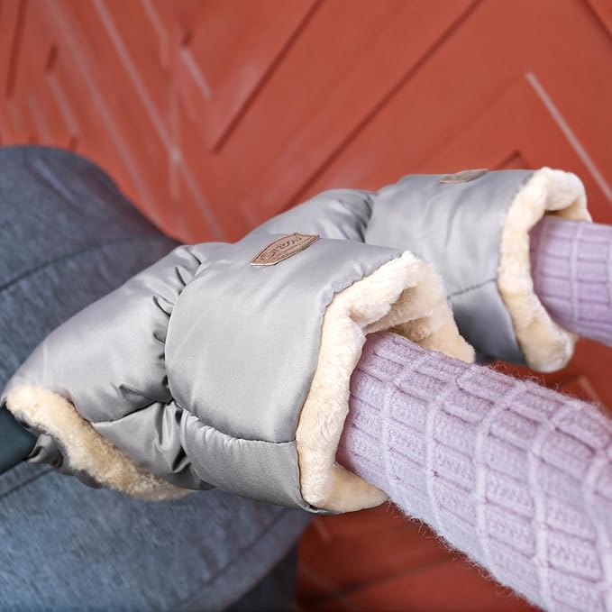Orzbow Faux Sheepskin Stroller Gloves, Universal Winter Anti-Freeze Stroller Mittens, Waterproof Extra Thick Hand Muff for Cold Weather, Cozy & Warm, Light Grey