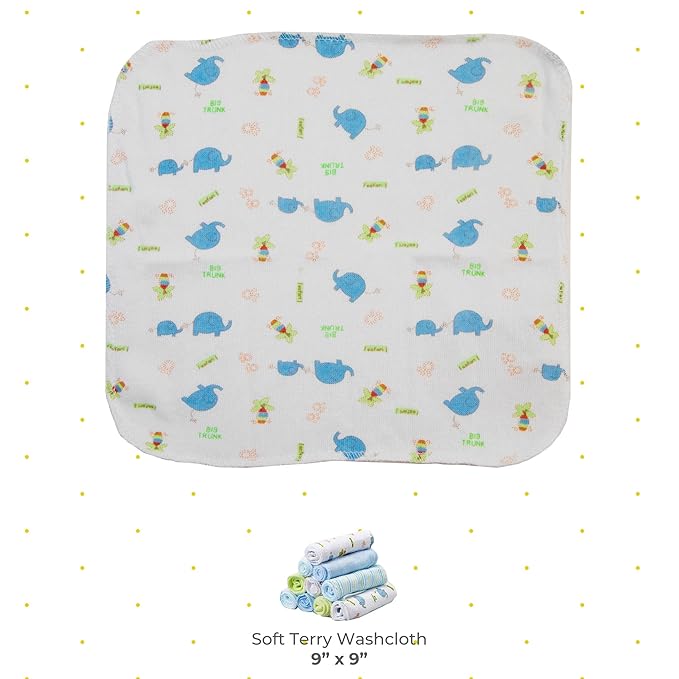 Spasilk Washcloth Wipes Set for Newborn Boys and Girls, Soft Terry Washcloth Set, Pack of 20, Blue Elephant