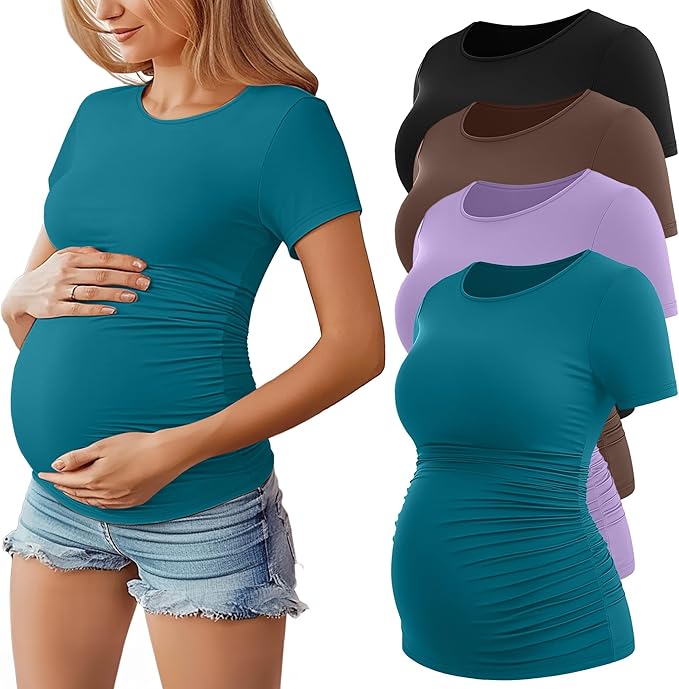 Huukeay 4 Pack Women's Maternity Shirts, Crew Neck Maternity Top Short Sleeve Casual Cotton Tee Side Ruched Pregnancy Clothes