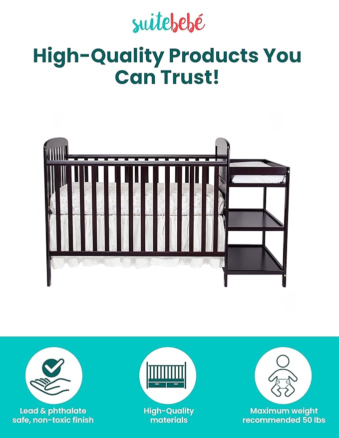 Suite Bebe Ramsey 3-in-1 Convertible Crib and Changing Table with Toddler Guard Rail Bundle, Expresso
