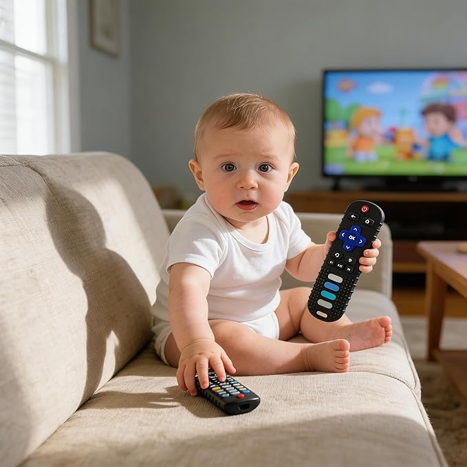 Baby Teether Toy, TV Remote Control Shape Teething Baby Toys for Infants, Baby Chew Remote Teether Toys for Babies 3-24 Months,BPA Free(Black)