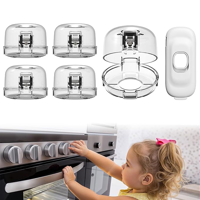 Stove Knob Covers - 5+1 Pack Heat Resistant Gas Stove Knob Covers with Child Proof Lock & Strong Adhesive, Oil-Proof Oven Knob Covers with Clear Transparent Design, White