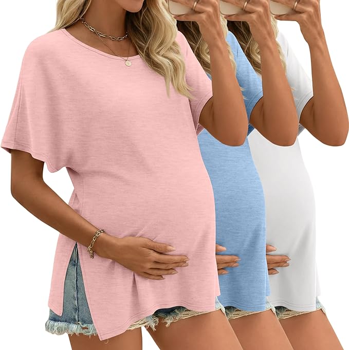 Riyiper 3 Pack Women's Maternity Tunic Shirts Cotton Summer Pregnancy Clothes Loose Oversized Split Side Blouse Tops