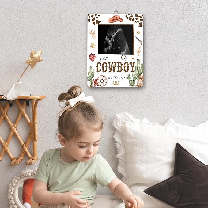 ALodr Cowboy Baby Shower Decorations, Baby Shower Sign Picture Frame, Cowboy Party Decor for Gender Reveal, Pregnancy Milestone Keepsake, Pregnancy Announcement Sonogram Photo Frames