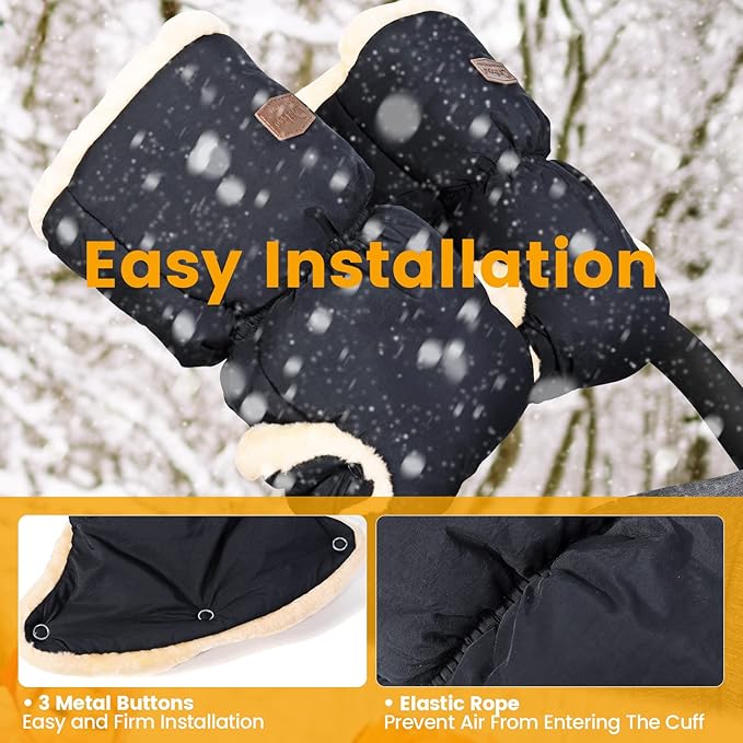 Orzbow Faux Sheepskin Stroller Gloves, Universal Winter Anti-Freeze Stroller Mittens, Waterproof Extra Thick Hand Muff for Cold Weather, Cozy & Warm, Black