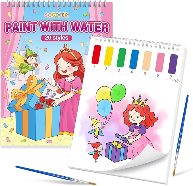 SOCOLER Paint with Water Coloring Books for Toddlers,Princess and Party Theme Mess Free Watercolor Painting Papers for Kids Water Color Paint Kit Art Craft Birthday Gift for Ages 1-3, 4-8