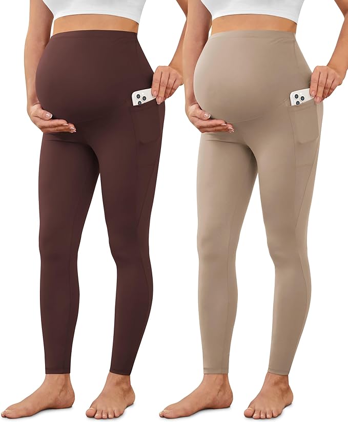 VALANDY Creamlush 2 Pack Women's Maternity Leggings with Pockets Over The Belly,Soft Comfy Active Yoga Lounge Pregnancy Pants