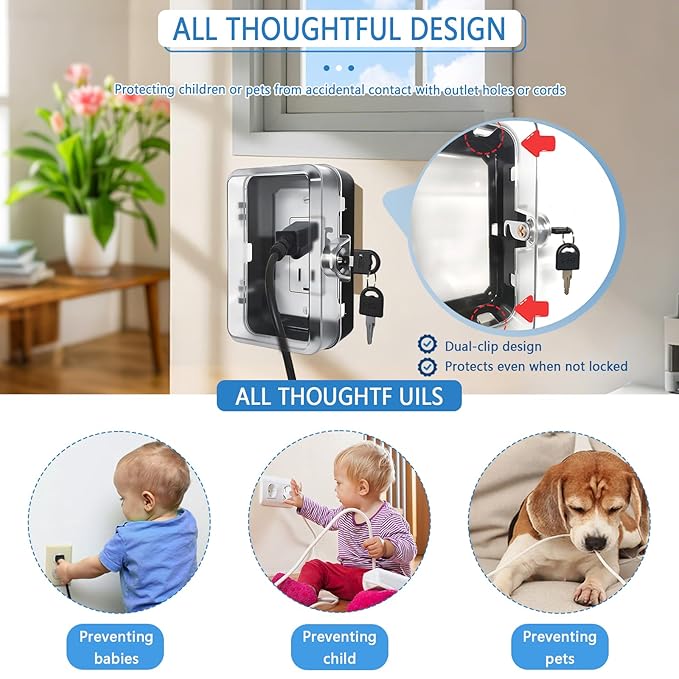 Child Proof Outlet Lock Box with 2 Durable Keys - Heavy Duty Safety Cover for Baby Proofing, Tool-Free Installation, More Space for Large Plugs Universal Fit Socket Protector (2 Pack, Black)