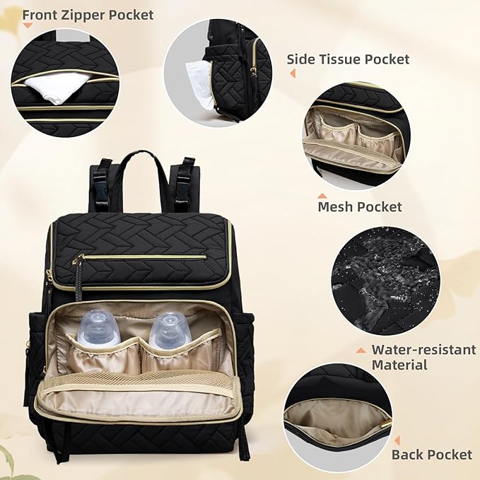 Omanmoli Diaper Bag Backpack Large Baby Travel Bag Diaper Essential Bag with 17 Diaper Bag Organizers,4 Insulated Pockets,Portable Changing Pad,Stroller Buckles,Black