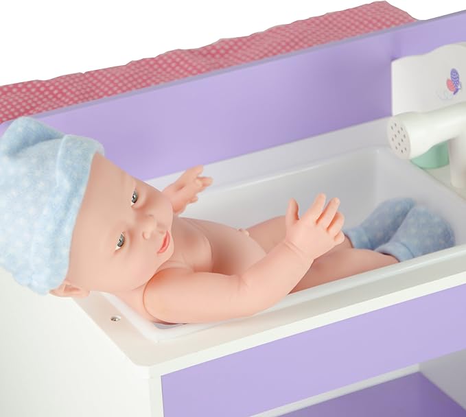 Olivia's Little World Little Princess Baby Doll Two-Sided Wooden Baby Doll Changing Station with Storage Shelves, Closet, Highchair, Changing Table, and Sink, White with Purple and Pink Accents