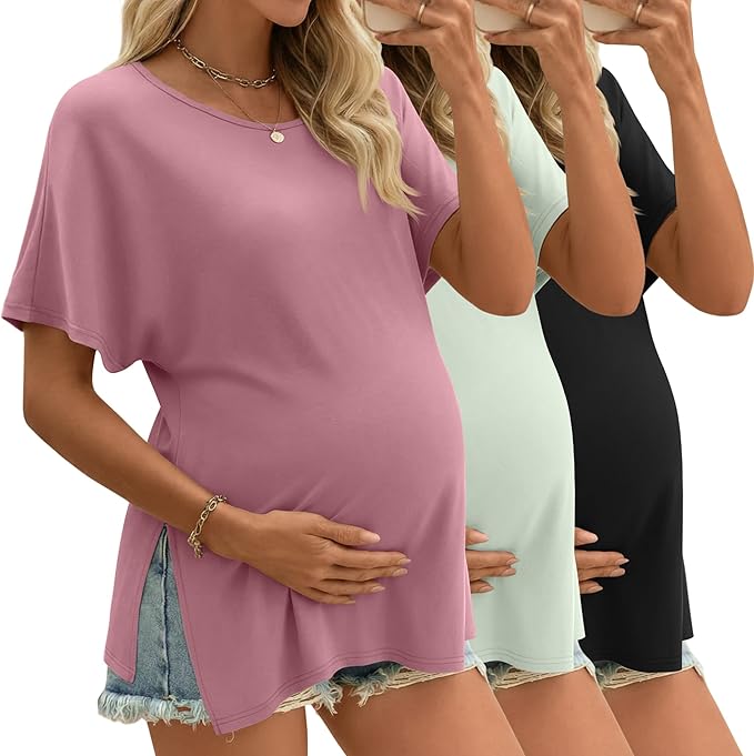 Riyiper 3 Pack Women's Maternity Tunic Shirts Cotton Summer Pregnancy Clothes Loose Oversized Split Side Blouse Tops