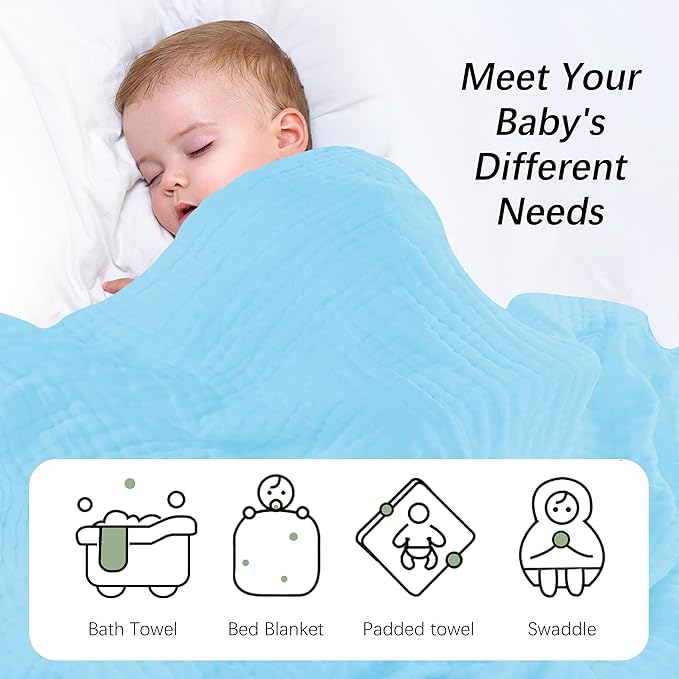 SWEET DOLPHIN Muslin Baby Bath Towels Blanket - 2 Pack 100% Cotton Towel for Babies, Infants, Toddlers - 40x40Inch - Highly Absorbent, Blue