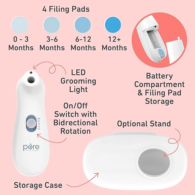 PureBaby Electric Nail Trimmer - New & Improved 6-Piece Cordless Nail Drill, 4 Attachments, 2 Speeds with Bidirectional Rotation, LED Light, Hidden File Storage, & Carrying Case for Newborns & Baby