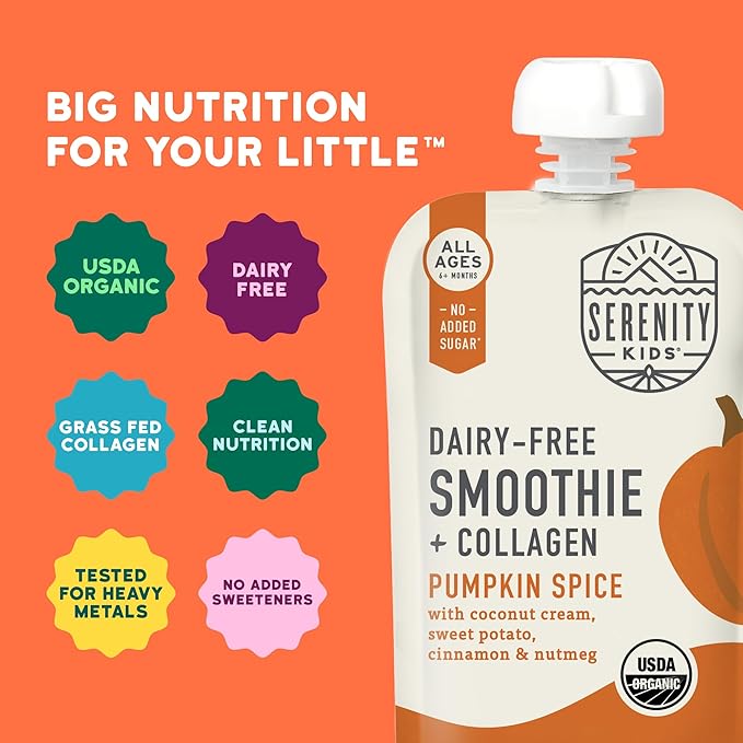 Serenity Kids 6+ Months Dairy-Free Smoothie Baby Food | USDA Organic | Grass Fed Collagen Protein | 3.5 Ounce BPA-Free Pouch | Pumpkin Spice | 1 Count