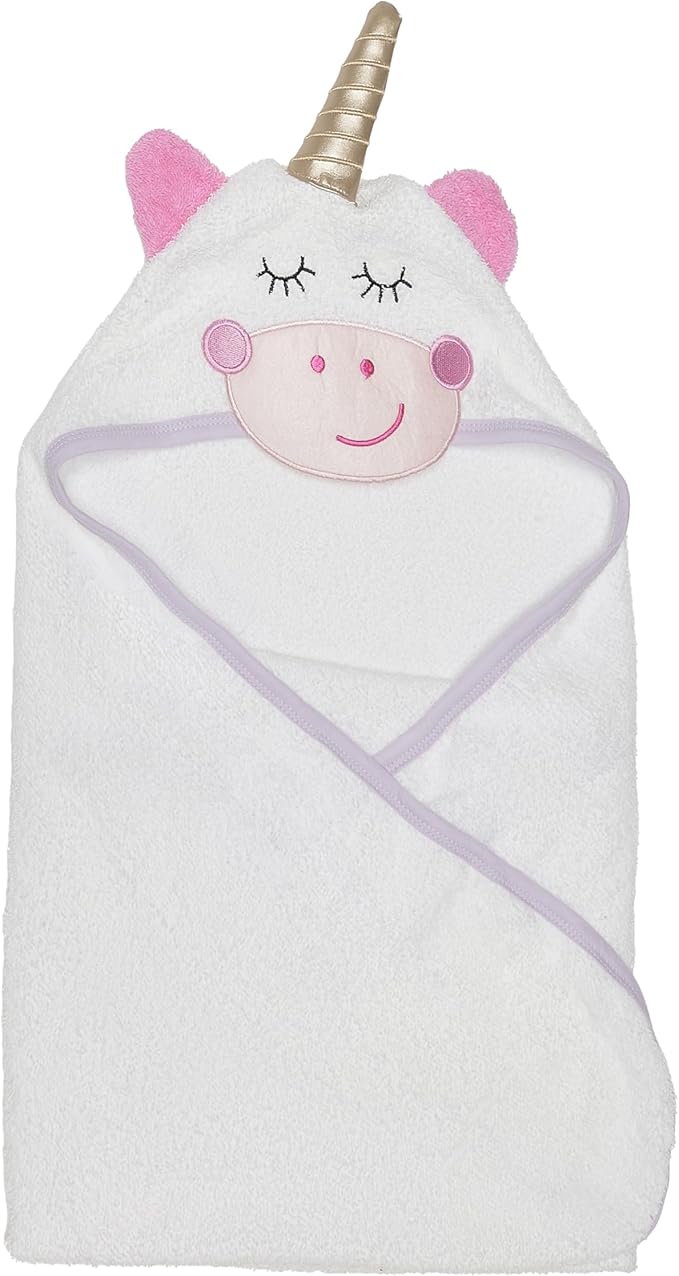 EVERYDAY KIDS Hooded Baby Toddler Bath Towel for Girls - 3D White Unicorn Towel with Horn; Soft and Absorbent Terry Cloth Hooded Towel for Young Kids; Baby Girl Bath Essential
