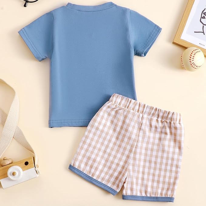 fhutpw Toddler Baby Boy Summer Clothes Tractor Letter Short Sleeve T-Shirt Tops Pockets Casual Shorts Set Infant Outfits