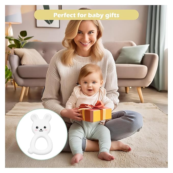 Baby Bunny Teether, Food-Grade Silicone Toy for Infants 3–12 Months, Easy-Grip Chew Toy with Textured Ears for Sensory Exploration, Freezable & Dishwasher Safe (White)