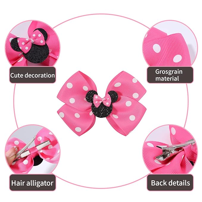 Baby Hair Accessory Set: 6 Piece Mouse Ear Bows and Clips for Girls, Women - Birthday, Party, or Everyday Wear