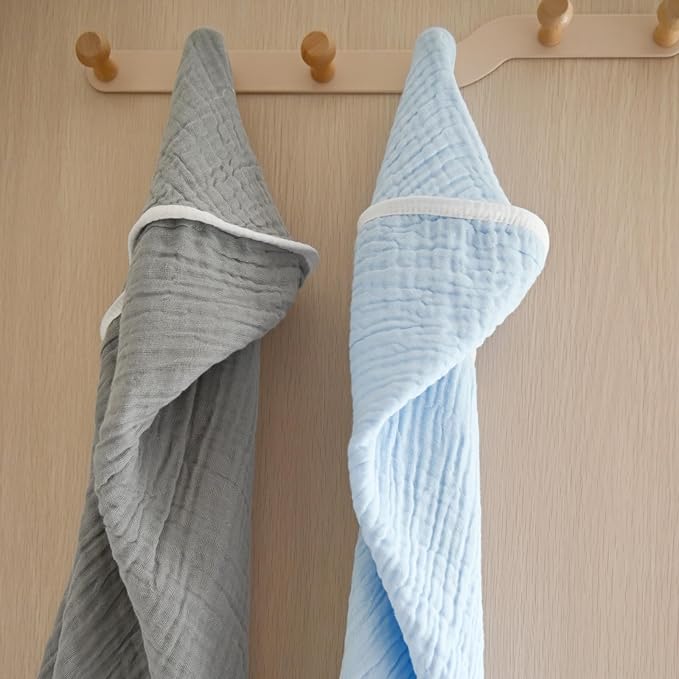 2 Pack Baby Hooded Bath Towel - 100% Muslin Cotton, 32x32 Inch, Gray & Blue with White Trim, Soft Absorbent Newborn Infant Toddler Towel