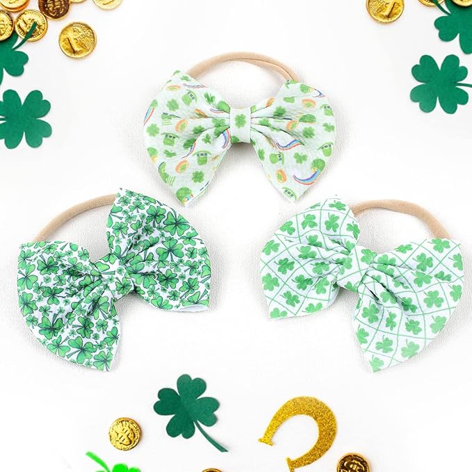 Hairband, 3 Pcs St. Patrick's Themed Cheer Bow Headbands for Baby Girls, One Size Fits All, Newborn and Infant, Green, Comfortable Nylon Fabric