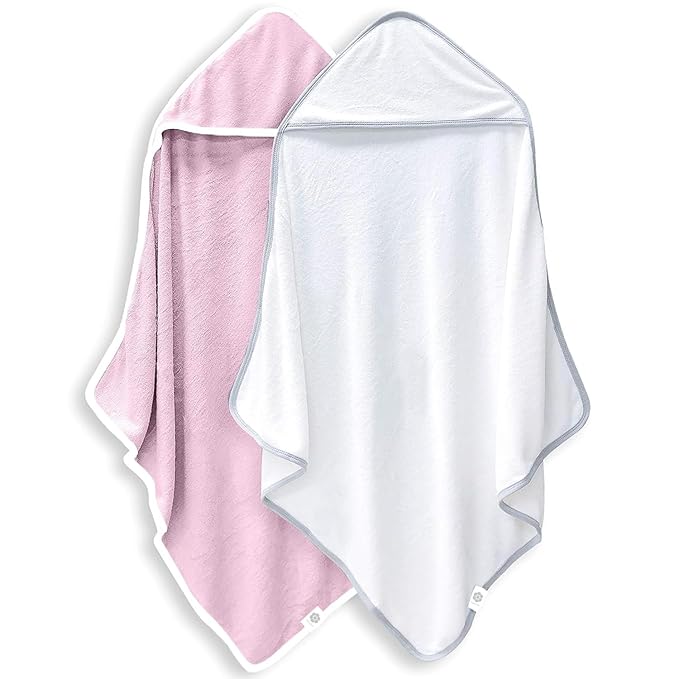 2 Pack Baby Bath Towel - Rayon Made from Bamboo, Ultra Absorbent - Ultra Soft Hooded Towels for Kids - X Large Size for 0-7 Yrs (White and Pink, 37.5 x 37.5 Inch)