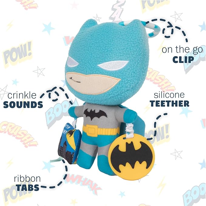 Kids Preferred DC Comics The Batman Multi Sensory Activity Toy with Teethers, Crinkle Textures, and Clip for On The Go Fun for Infant and Baby Boys and Girls, Medium