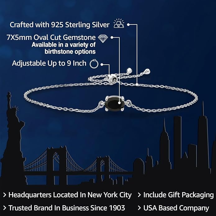 Gem Stone King 7X5MM Oval Gemstone Birthstone Solitaire Bracelet For Women | 925 Sterling Silver | Adjustable Bolo Bracelet For Women | Fine Jewelry Gifts for Her Mom Wife