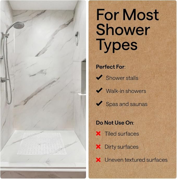 GORILLA GRIP Patented Square Shower Stall Mat, Small Bathtub Floor Mats for Stand Up Showers, Suction Cups and Drainage Holes, Machine Wash, Soft on Feet, Bathroom Accessories 21x21 Inch, 2 Pack White
