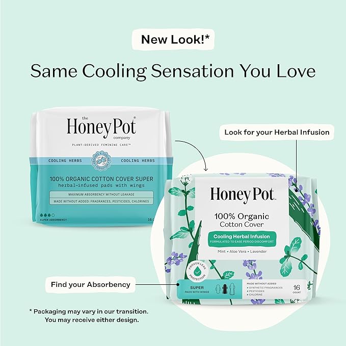 The Honey Pot Company - Herbal Pads for Women - Super w/Wings - Infused w/Essential Oils for Cooling Effect, Organic Cotton Cover, & Ultra-Absorbent Pulp Core - Feminine Care - 16 ct