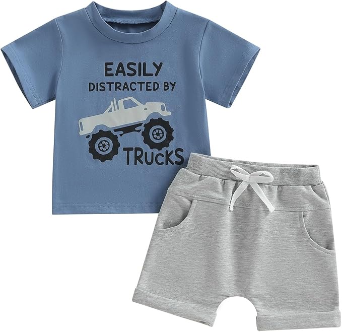 WZTYYDS Toddler Baby Boy Summer Clothes 2T 3T 4T 5T Boys Outfit Letter Truck Short Sleeve T-Shirt Tops + Shorts Set
